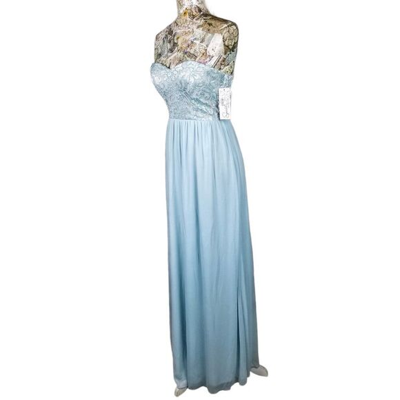 Formal Strapless Lace Sparkle Sequin Baby Blue Long Chiffon Gown Maxi Dress NEW! - Picture 5 of 13